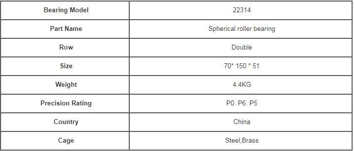 Spherical roller bearing 22314 with brass steel cage Size 70*150*51 mm