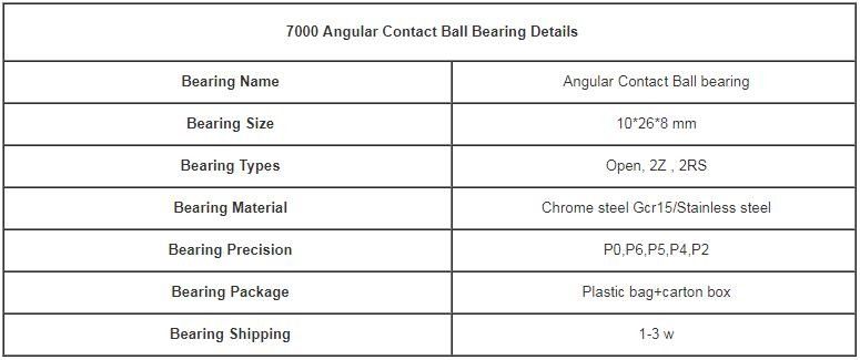 Chrome Steel Gcr15 Material Angle Contact Ball Bearing 7000 Size 10*26*8mm