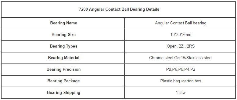 Mini Size 10*30*9mm Angle Contact Ball Bearing 7200 Steel And Brass Cage