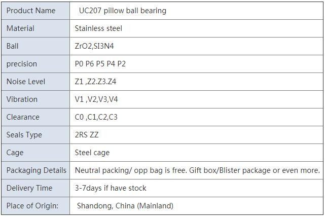 UC207 Stainless Steel Pillow Ball Bearing Spare Parts With P0 P6 P5 P4 P2 Precision