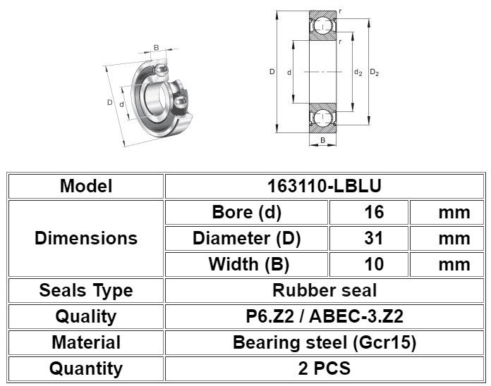 163110-2RS Bearing Deep Groove Ball Bicycle Size 16mm X 31mm X 10mm