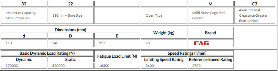 Machine Tools FAG Deep Groove Ball Bearing , Double Row Bearing 3322-M-C3 110*240*92.1MM